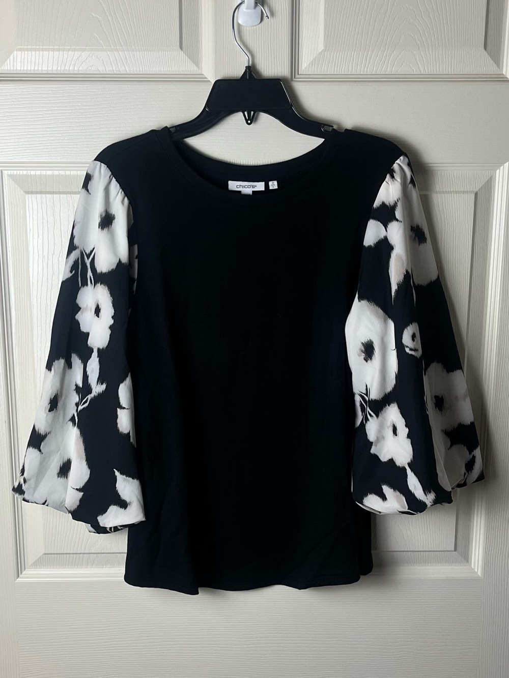 Chico's Black Top with Floral Puff Sleeves